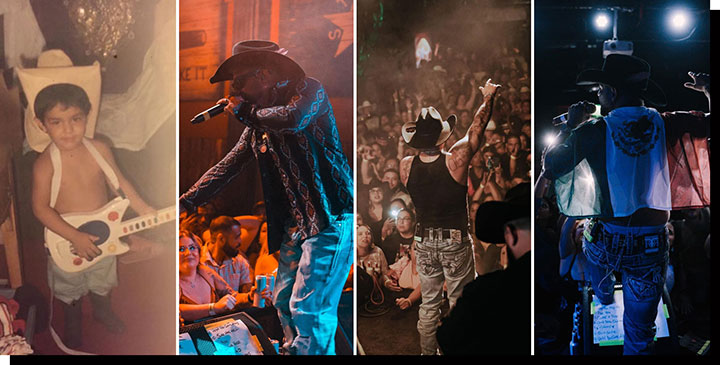 A photo montage. A young Louie The Singer as a boy holding a plastic guitar and posing. A man, Louie The Singer singing into the microphone on stage. Louie The Singer singing on stage with his hand up.  Louie The Singer on stage with a Mexico flag on his shoulders. 